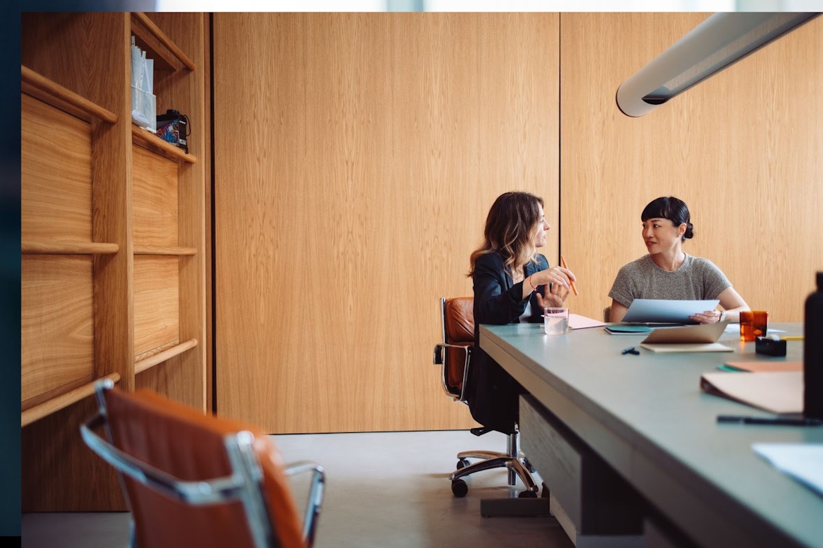 Two professionals in a meeting discussing performance assessment